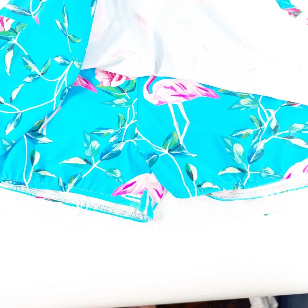 Red Dolly Swimwear‎ Blue Pink Flamingo Floral Retro Skirted Two Piece Swimsuit M